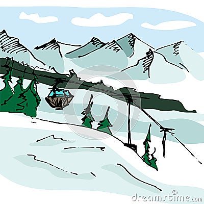 Mountain resort. Snow-covered mountain slope with a lift. Snowy mountains and coniferous forest. Winter time. Vector Illustration